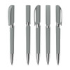 A set of five grey plastic pens, each featuring a glossy finish and silver accents, along with a branded logo.