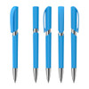 A set of five blue plastic pens with a high gloss finish and metallic accents, featuring a logo on each pen.