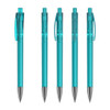Five transparent turquoise plastic pens with silver tips and clips are aligned in a row. Each pen features a logo.