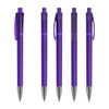 A set of five purple transparent plastic pens with silver tips and clear clips. Each pen features a branding logo.