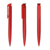 A set of three red plastic pens with a high gloss finish and pocket clips, featuring a textured design.