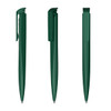 A green plastic pen with a textured grip, showing three different angles and a logo on the side.