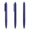 Three navy blue plastic pens with a glossy finish, featuring clips and retractable tips.