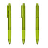 Three transparent plastic pens in vibrant green, featuring a clip and retractable mechanism, displayed from different angles.