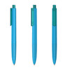 A blue plastic pen with a transparent green cap and clip, displayed from three angles. It features a branding logo.