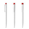 A set of white plastic pens with red caps, featuring a logo on the side.