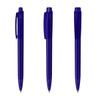 Three transparent blue plastic pens displayed from different angles, featuring a clip and a smooth design.