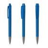 A set of three blue plastic pens with transparent bodies and silver tips, featuring a logo on the side.
