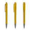 A set of transparent yellow plastic pens with silver tips and clips, displayed from different angles.