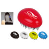 A red hair comb with a logo, displayed alongside black, white, yellow, and blue versions.