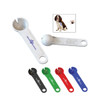 A set of pet scoops in white, green, red, blue, and black, featuring a logo on the white scoop.