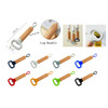 A drink bottle opener with a log handle, available in various colours, featuring a logo. Length is 14 cm.