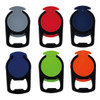 A set of six mobile stands in grey, red, navy, green, blue, and orange, featuring black holders with logos.