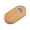 A drink bottle opener with a stainless steel opening, made from natural bamboo, featuring a tape measure.