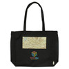 A black tote bag featuring a patterned design and a logo on the front. It has two sturdy handles.