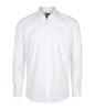 A white button-up shirt featuring a chest pocket and long sleeves, with a logo on the label.