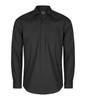 A black button-up shirt with long sleeves and a single chest pocket, featuring a logo.