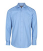 A light blue button-up shirt with a single chest pocket and a collar, featuring a logo on the tag.