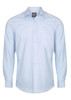 A light blue button-up shirt with long sleeves and a chest pocket. It features a collar and a brand logo on the neckline.