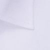 A close-up of a white button-up shirt collar with neat stitching and a branded logo.