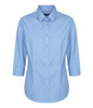 A light blue button-up shirt with a classic collar and three-quarter sleeves, featuring a logo.