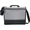 A grey and black messenger bag with a shoulder strap, featuring a front zipper pocket and a flap closure.