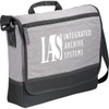 A grey and black messenger bag with a shoulder strap and a logo. Features a flap closure and front zip pocket.