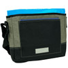 A messenger bag featuring a black and grey design, with a blue interior and an outer pocket, includes a logo.