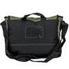 A black and olive green messenger bag with a shoulder strap and a clear ID window. It has a logo on the front.