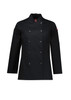 A black long sleeve chef jacket designed for women, featuring a button-up front and a logo on the sleeve.