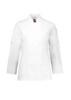A white long sleeve chef jacket with a double-breasted design and a logo on the collar.