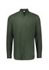 A long-sleeve, button-up shirt in a rich olive green colour with a chest pocket and a collar. Features a logo.