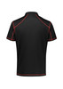 A black short sleeve polo shirt with red accents and a logo on the back.