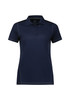A women's short sleeve polo shirt in navy blue with a subtle textured pattern and a logo.