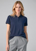 A navy blue women's short sleeve polo shirt with a logo, paired with grey athletic pants.