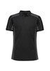 A black unisex polo shirt featuring grey accents and a branding logo on the chest.