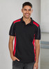 A unisex polo shirt in black with red accents, featuring a logo on the chest and grey stitching details.
