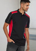 A unisex polo shirt in black with red accents, featuring a collar and short sleeves. It has a logo on it.