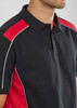 A black and red unisex grid short sleeve polo shirt with a collar and contrasting piping details.