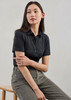 A women's black short sleeve polo shirt with a subtle striped texture, featuring a collar and buttons.