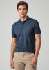 A navy blue short sleeve polo shirt with a subtle striped pattern, featuring a collar and three-button placket.
