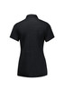 A black short sleeve polo shirt for women featuring a collar and a branding logo. Back view is displayed.