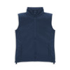 A navy blue women's vest featuring a high collar and side pockets. The design includes a front zip and has a logo.