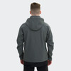 A men's soft shell jacket in a dark grey colour, featuring a hood and a logo.