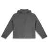 A grey soft shell jacket with a hood, featuring zippered pockets and a branded logo.