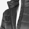 A black unisex puffer jacket featuring a high collar and zip closure, displayed against a white background.