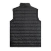 A unisex puffer vest in black with a quilted design and a high collar. It features a branding logo.