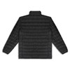A black puffer jacket with a quilted design and a high collar, featuring a logo on the back.