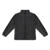 A black women's puffer jacket featuring a zip-up front and two side pockets, with a stylish, lightweight design.