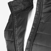 A black puffer vest featuring a zip front, with a close-up view of the collar and stitching details.